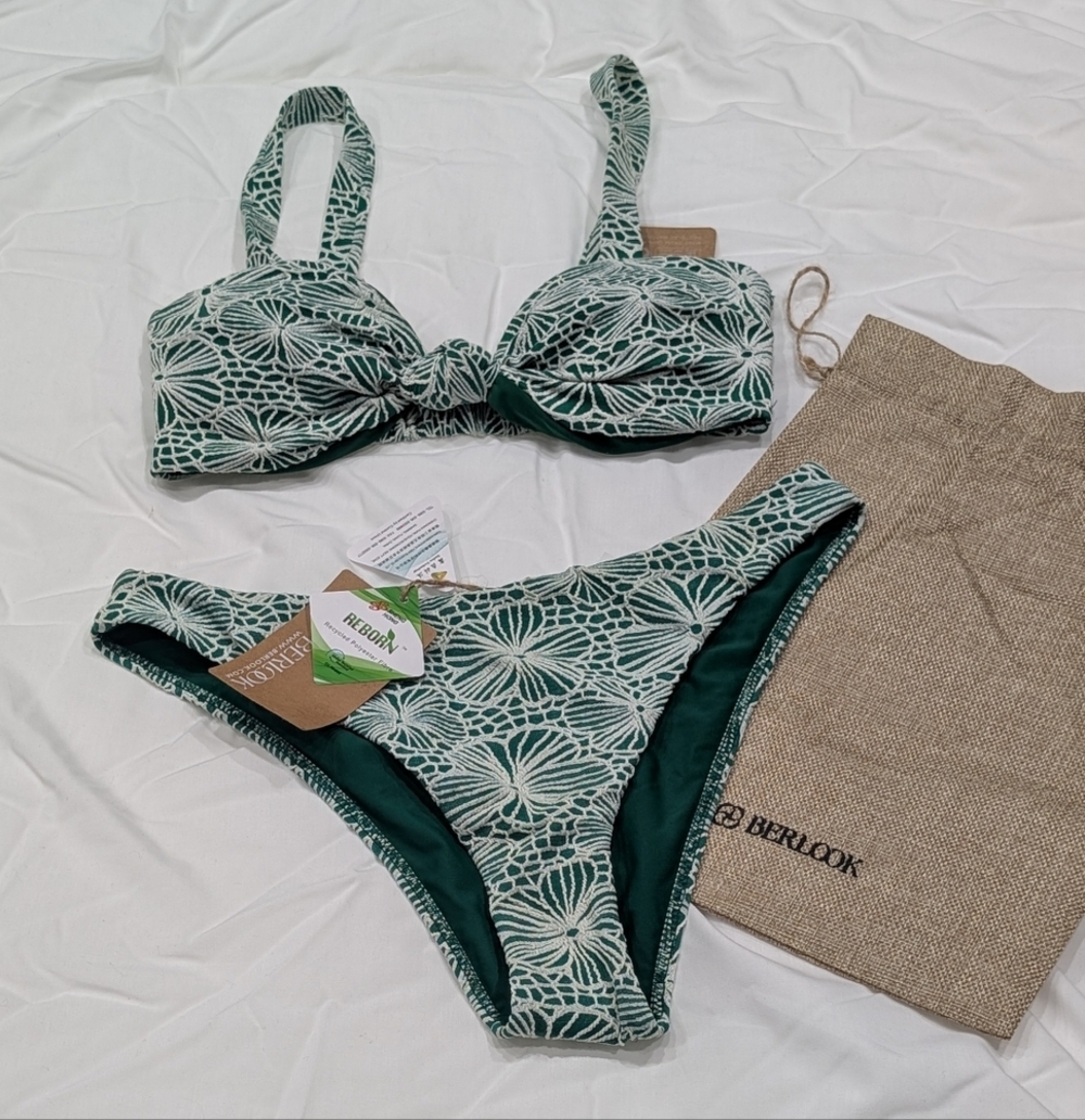 Berlook / NWT / Green Jacquard Striped Knot Bikini S…